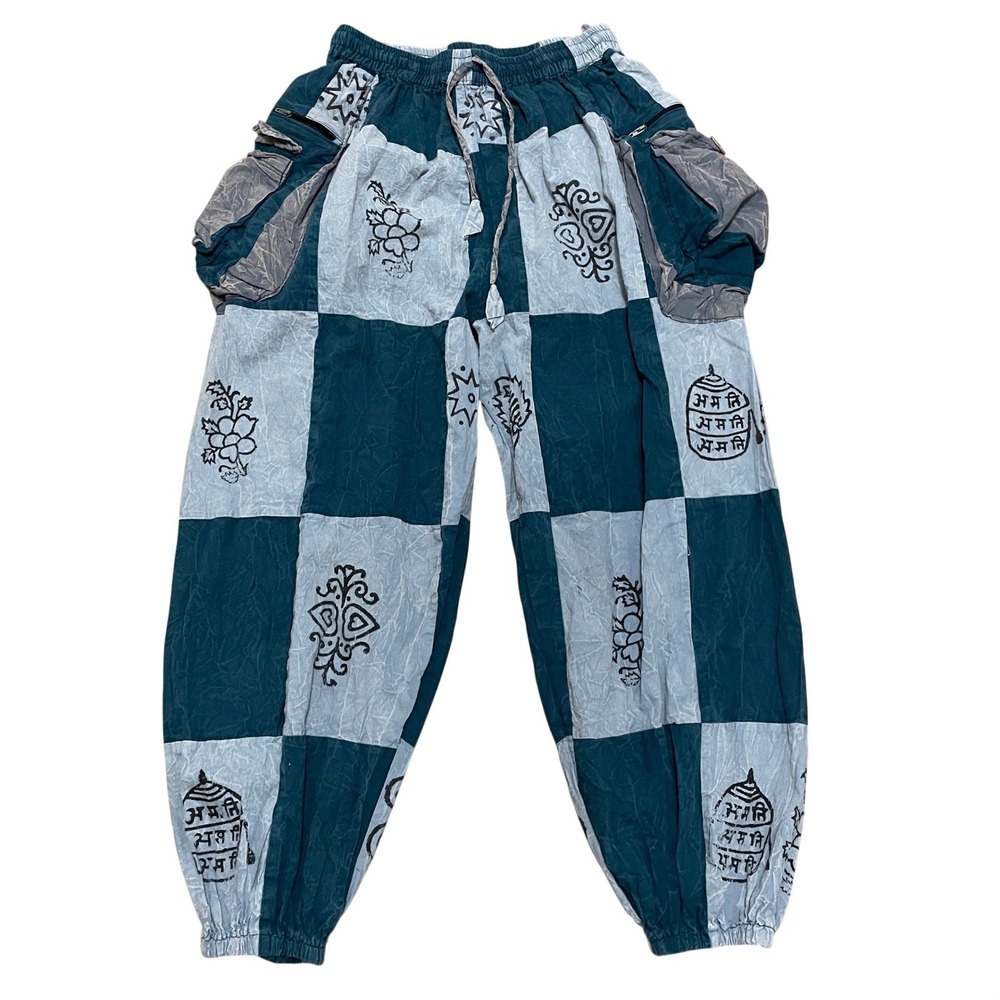 Kirat Patchwork Harem Pants Teal Gray OS Cotton Boho Festival Travel Hippie‎